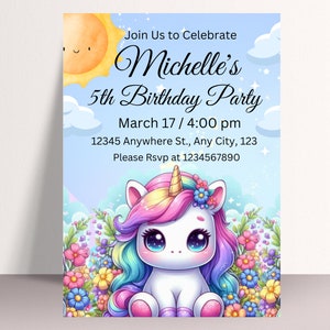 Convite de aniversário de unicórnio, convite de unicórnio editável, convite de festa de unicórnio para impressão, modelo de convite de festa de aniversário de 4 anos de unicórnio fofo