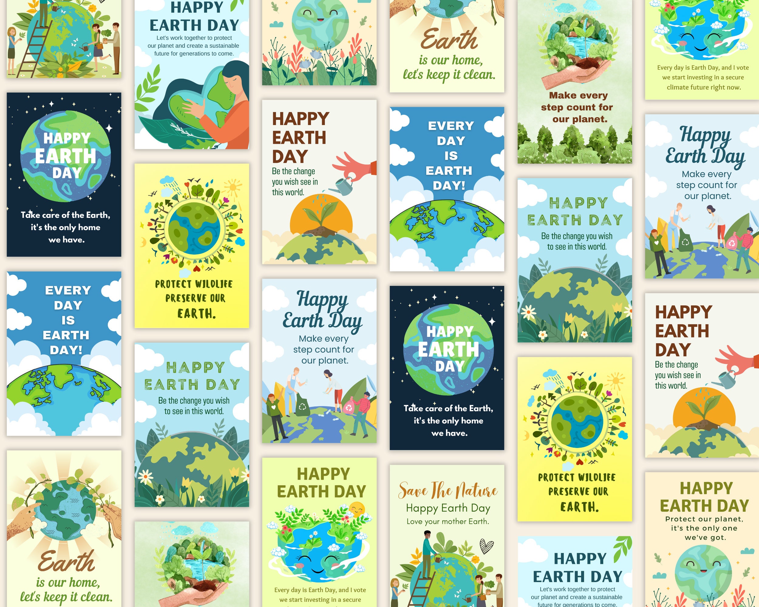 12 Happy Earth Day Printable Cards, Earth Day Cards Set, Cards for ...