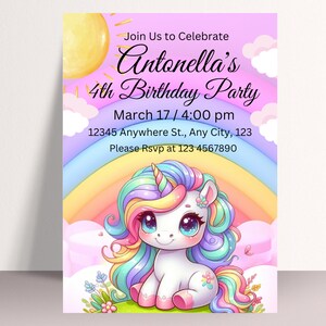 Convite de aniversário de unicórnio, convite de unicórnio editável, convite de festa de unicórnio para impressão, modelo de convite de festa de aniversário de 4 anos de unicórnio fofo