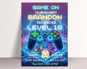 May include: A neon blue and purple video game themed birthday invitation for a party celebrating someone turning 18. The invitation features a pixelated video game controller with a neon blue outline and a pixelated globe in the background. The text "GAME ON" is at the top of the invitation, followed by "CALLING ALL GAMERS" and "BRANDON HAS REACHED LEVEL 18". The date and time of the party are listed as "AUGUST 20, 6:00 PM".
