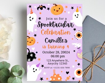 May include: A Halloween-themed invitation with a light purple background. The invitation features cartoon pumpkins, ghosts, bats, and stars. Text reads "Join us for a Spooktacular Celebration Camille's is turning 4 October 28, 20024 06:00 pm 123 Anywhere St., Anycity 12345 RSVP at +(123) 456-7890."