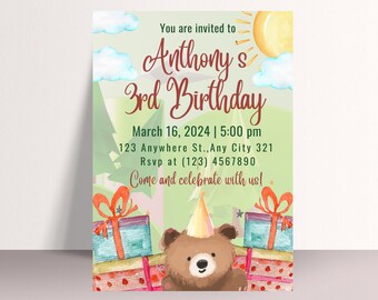 May include: A green and brown birthday invitation with a cartoon bear wearing a party hat and holding presents. The invitation says "You are invited to Anthony's 3rd Birthday" and includes the date, time, and location of the party.