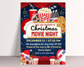 Peut inclure: Une invitation à une soirée cinéma de Noël avec un bonnet de Père Noël rouge et blanc, un seau de popcorn rayé rouge et blanc, un bonhomme en pain d'épices et une claquette de film. Le texte indique "Vous êtes invités à la soirée cinéma de Noël, le 21 décembre à 19h30, 123 Anywhere St, Any City, ST 123, Jingle all the way to our Christmas Movie Night! RSVP at 123-456-7890."
