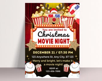 Puede incluir: Una invitación a una noche de cine navideña con un letrero de marquesina rojo y dorado que dice "Christmas Movie Night". El letrero está decorado con palomitas de maíz y un reno con gafas 3D. La invitación incluye la fecha y la hora del evento, la dirección y un número de teléfono para RSVP.