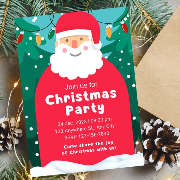 Christmas Party Invitation, Editable Santa Claus Invite Template, Christmas Printable Invite, Christmas Party Invitation Digital Download