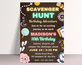Invitation de fête d'anniversaire chasse au trésor modifiable (téléchargement numérique)