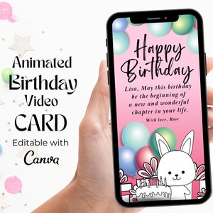 Animated Cat Happy Birthday Video Card, Digital Birthday Greeting eCard, Electronic Birthday Card for Kids, Self-edit Birthday Mobile Video