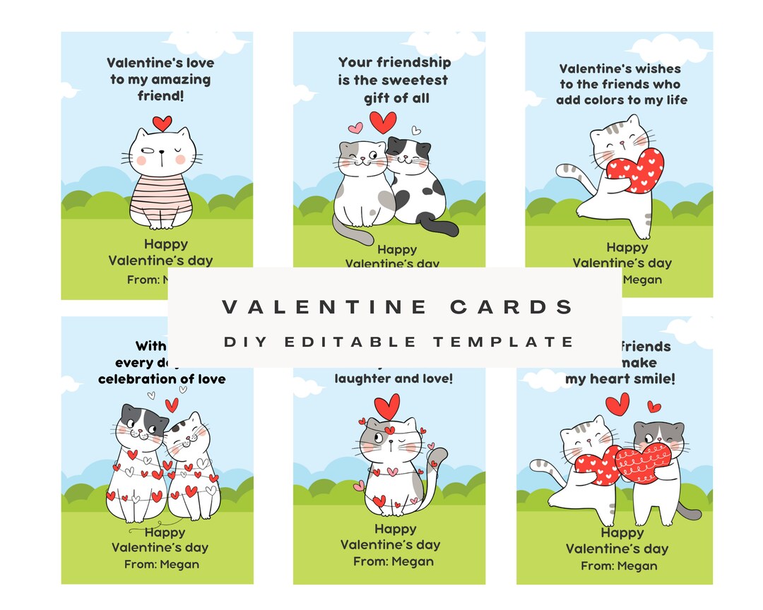 Cat Valentine's Day Cards, Printable Cat Valentines Cards, Digital Cat ...