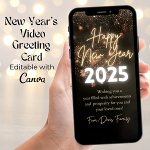 Gelukkig nieuwjaar videokaart, geanimeerde videokaart nieuwjaarswens, 2025 nieuwjaarsvideo met vuurwerk, bewerkbare nieuwjaarswensenkaart