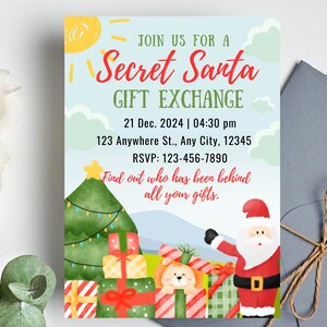 Secret Santa Christmas Party Invitation, Printable Gift Exchange Christmas Party Invite, Editable White Elephant Exchange Christmas Invite