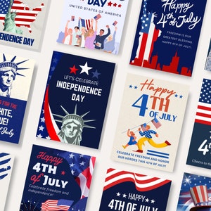 18 cartes imprimables Joyeux 4 juillet, lot de cartes Jour de l'indépendance, 18 cartes de voeux 4 juillet, cartes Joyeux 4 juillet prêtes à être imprimées