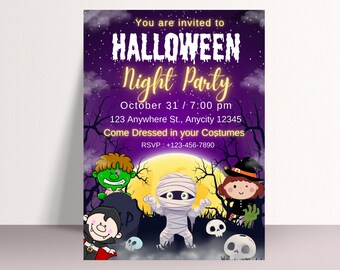 May include: Purple Halloween party invitation with a cartoon mummy, vampire, witch, and monster. The invitation says "You are invited to HALLOWEEN Night Party" with the date and time "October 31 / 7:00 pm" and the address "123 Anywhere St., Anycity 12345". It also says "Come Dressed in your Costumes" and "RSVP: +123-456-7890".