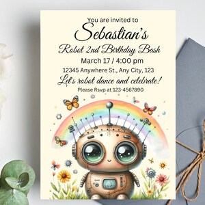 May include: A birthday invitation for a robot themed party for a child named Sebastian. The invitation features a cartoon robot with a rainbow and butterflies. The text reads "You are invited to Sebastian's Robot 2nd Birthday Bash March 17 / 4:00 pm 12345 Anywhere St., Any City, 123 Let's robot dance and celebrate! Please RSVP at 123-4567890"