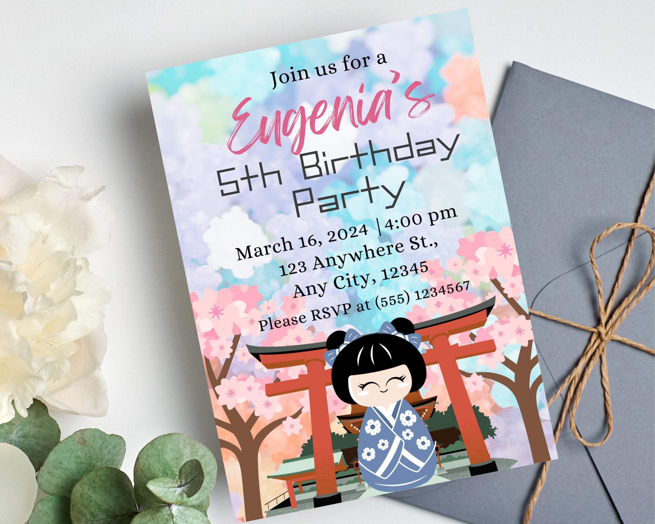 Japanese Doll Birthday Invitation: Cherry Blossom Geisha (digital