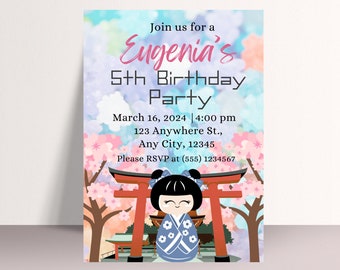 Japanese Doll Birthday Invitation, Editable Japanese Cherry Blossom Birthday Invite Template, Printable Geisha Girl Birthday Digital Invite