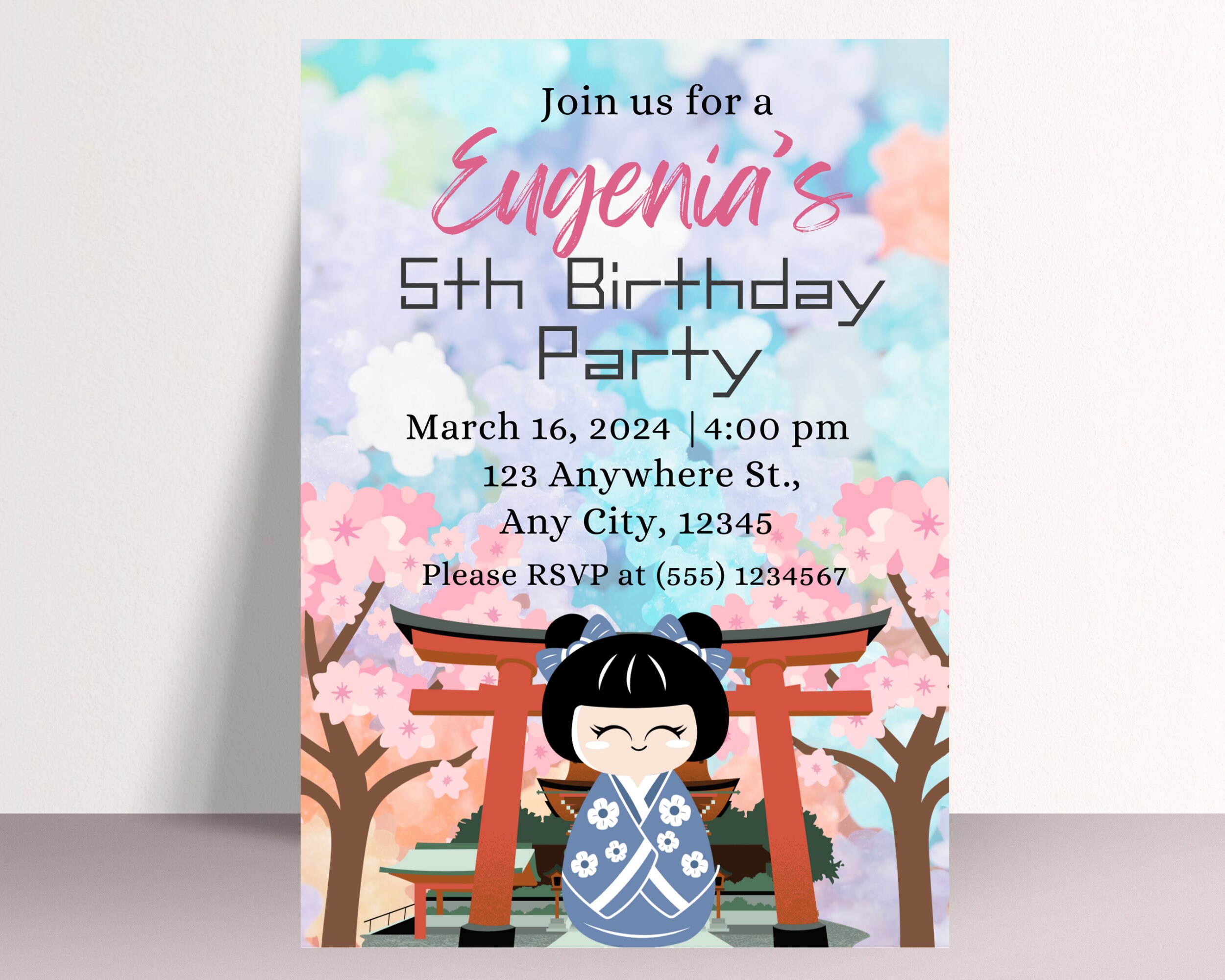 Japanese Doll Birthday Invitation: Cherry Blossom Geisha (digital