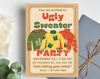 May include: A festive invitation to an Ugly Christmas Jumper Party on 23rd December at 7:00 PM. The invitation features a cartoon illustration of three colourful jumpers with a red, green, and yellow colour scheme. The text on the invitation reads "You are invited to Ugly Christmas Jumper Party, December 23 / 7:00 PM, 123 Anywhere St., Any City 123, Come looking your worst! Rsvp: + 123 456 7890".