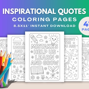 47 Páginas para colorir com citações inspiradoras para crianças, páginas para colorir com afirmações positivas para imprimir, folhas para colorir com citações motivacionais, citações da vida