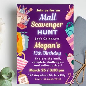 Mall Scavenger Hunt Invitation, Editable Girls Mall Scavenger Hunt Birthday Invite, Tween Teen Birthday Party Invite, Canva Print Design