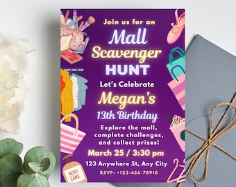 Editable Mall Scavenger Hunt Birthday Invitation (Canva Print Design)