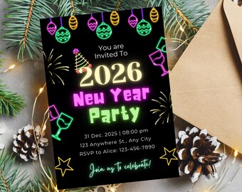 Neon 2026 Silvesterparty-Einladung (bearbeitbare Vorlage)