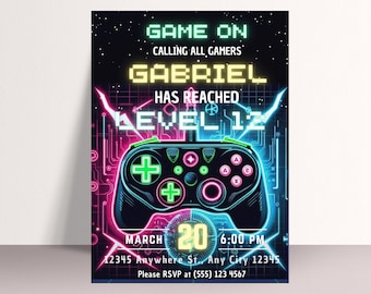 Editable Video Game Birthday Invitation: Neon Gamer Party Invite