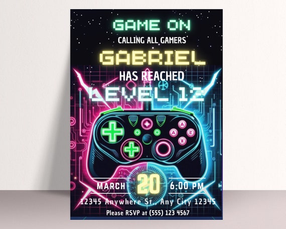 Invito di compleanno per giocatori: festa arcade al neon, modello Canva modificabile (download digitale) - Italia