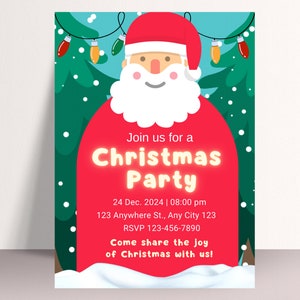 Christmas Party Invitation, Printable Santa Claus Christmas Party Invite, Editable Christmas Party Invite, kids christmas Party invite