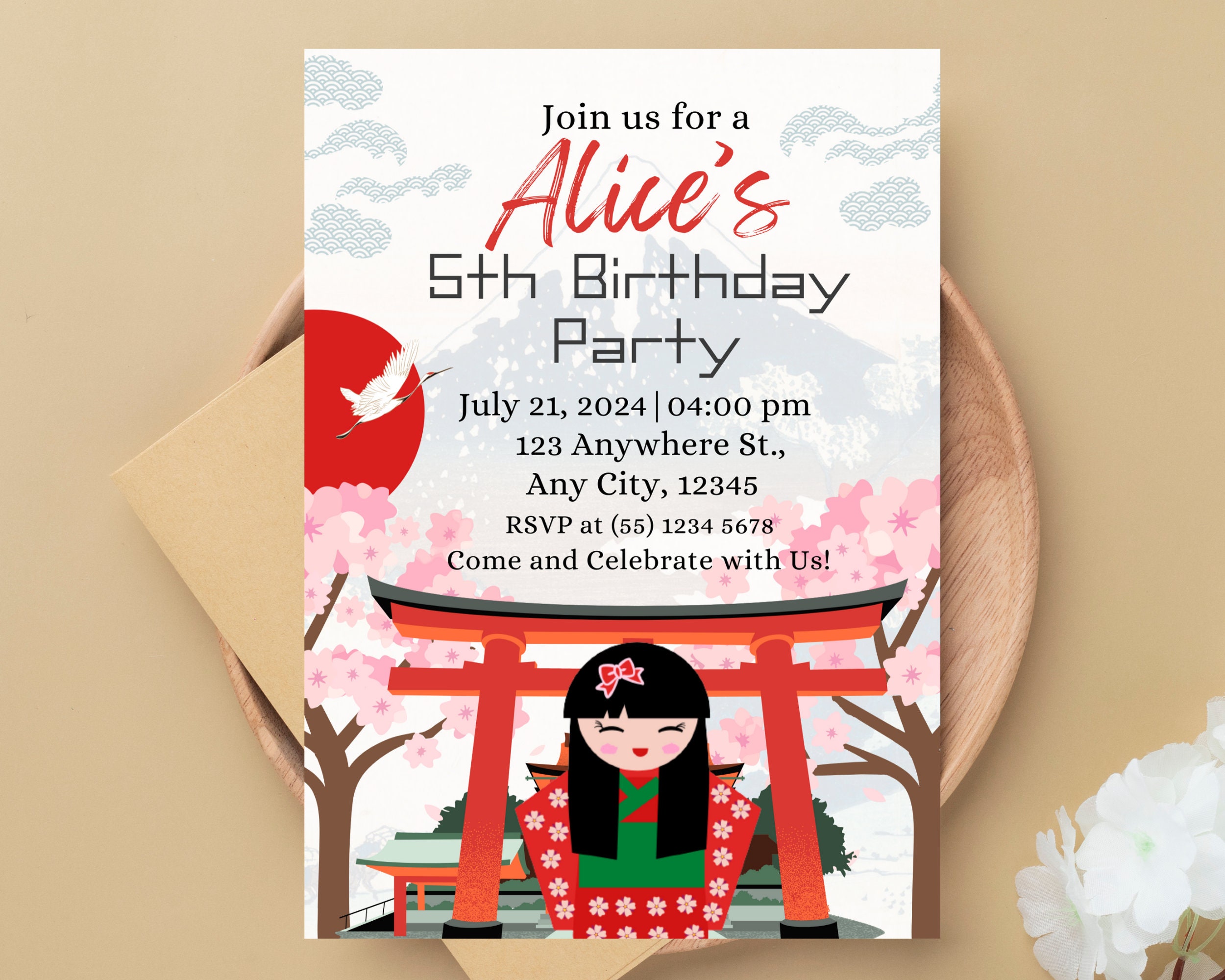 Japanese Cherry Blossom Birthday Invitation: Geisha Doll (editable