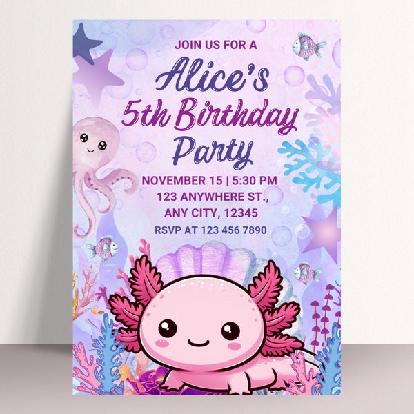 Axolotl-Geburtstagseinladung, bearbeitbare Axolotl-Geburtstagseinladungsvorlage, Pink Girl Axolotl einladen, druckbare Axolotl-Party einladen