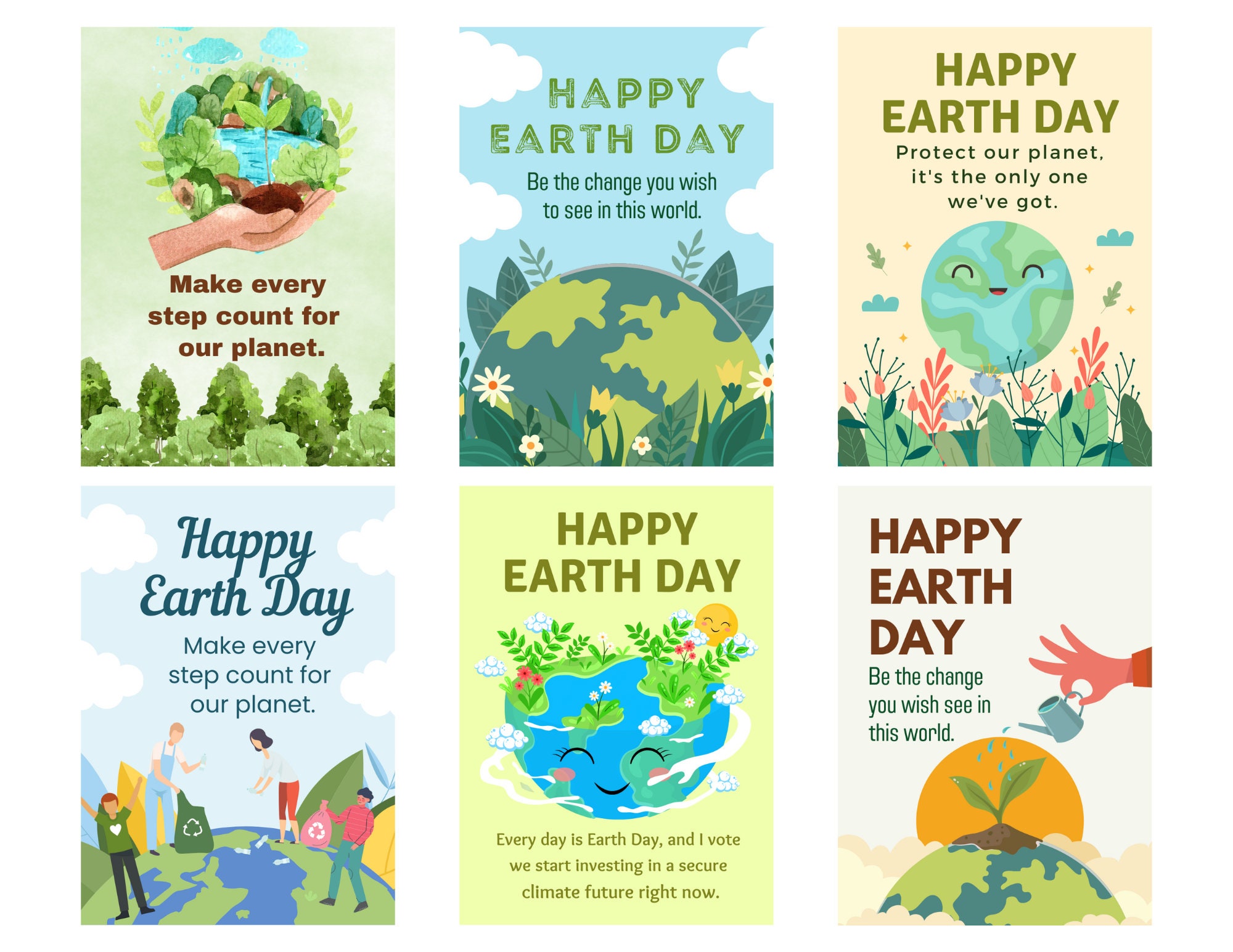 12 Happy Earth Day Printable Cards, Earth Day Cards Set, Cards for ...