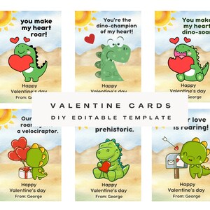 Dinosaurier-Valentinstagskarten, druckbare Kinder-Dinosaurier-Valentinstagskarten, Dinosaurier-Geschenkanhänger, bearbeitbare Dinosaurier-Valentinstagskarten