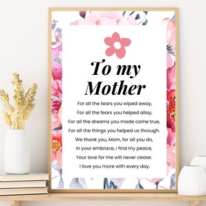 Poema editável para mãe, presente para imprimir para mãe, presente para o Dia das Mães, cartão de felicitação para a mãe, cartão de flores rosa para a mãe, um presente para minha mãe