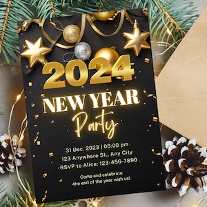 Modèle d'invitation de fête du nouvel an modifiable, invitation imprimable pour la fête du nouvel an 2024, invitation par email pour la fête du nouvel an 2024, invitation cierge magique