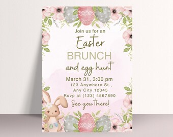 May include: An invitation to an Easter brunch and egg hunt. The invitation features a watercolor illustration of a bunny rabbit, pink and gray Easter eggs, and pink flowers. The text reads: "Join us for an Easter Brunch and egg hunt. March 31, 3:00 pm 123 Anywhere St., Any City 12345 Rsvp at (123) 4567890 See you there!"