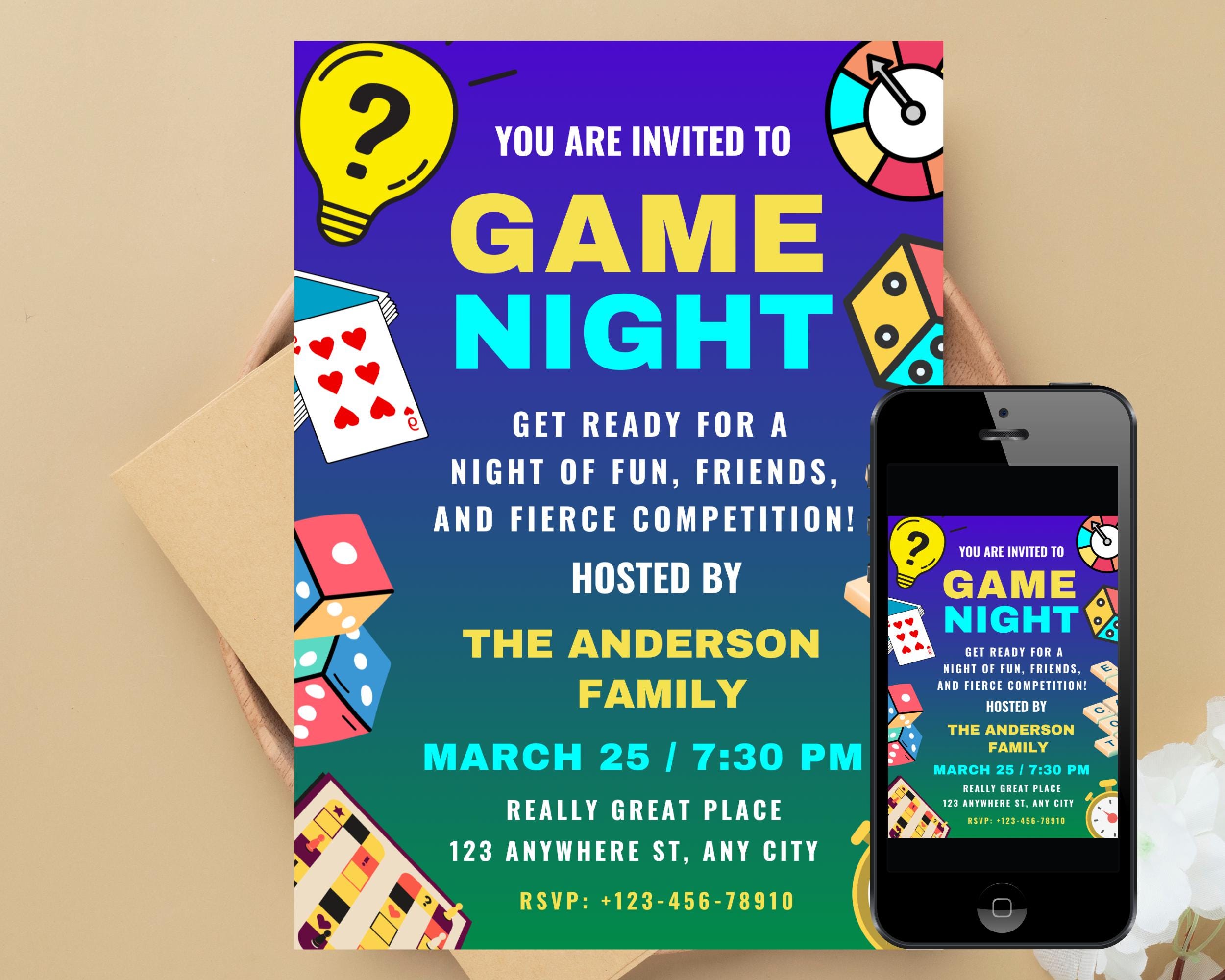 Editable Game Night Invitation: Family Party Invite (canva) - Etsy