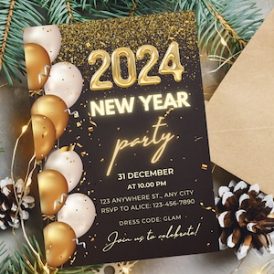 Modèle d'invitation de fête du nouvel an modifiable, invitation imprimable pour la fête du nouvel an 2024, invitation par email pour la fête du nouvel an 2024, invitation cierge magique
