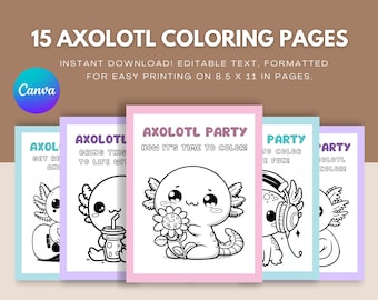 Puede incluir: 15 páginas para colorear imprimibles con lindas ilustraciones de ajolotes. Cada página tiene un diseño de ajolote diferente, incluyendo uno con una flor, uno con una bebida y uno con auriculares. El texto "AXOLOTL PARTY NOW IT'S TIME TO COLOR!" está en una de las páginas.