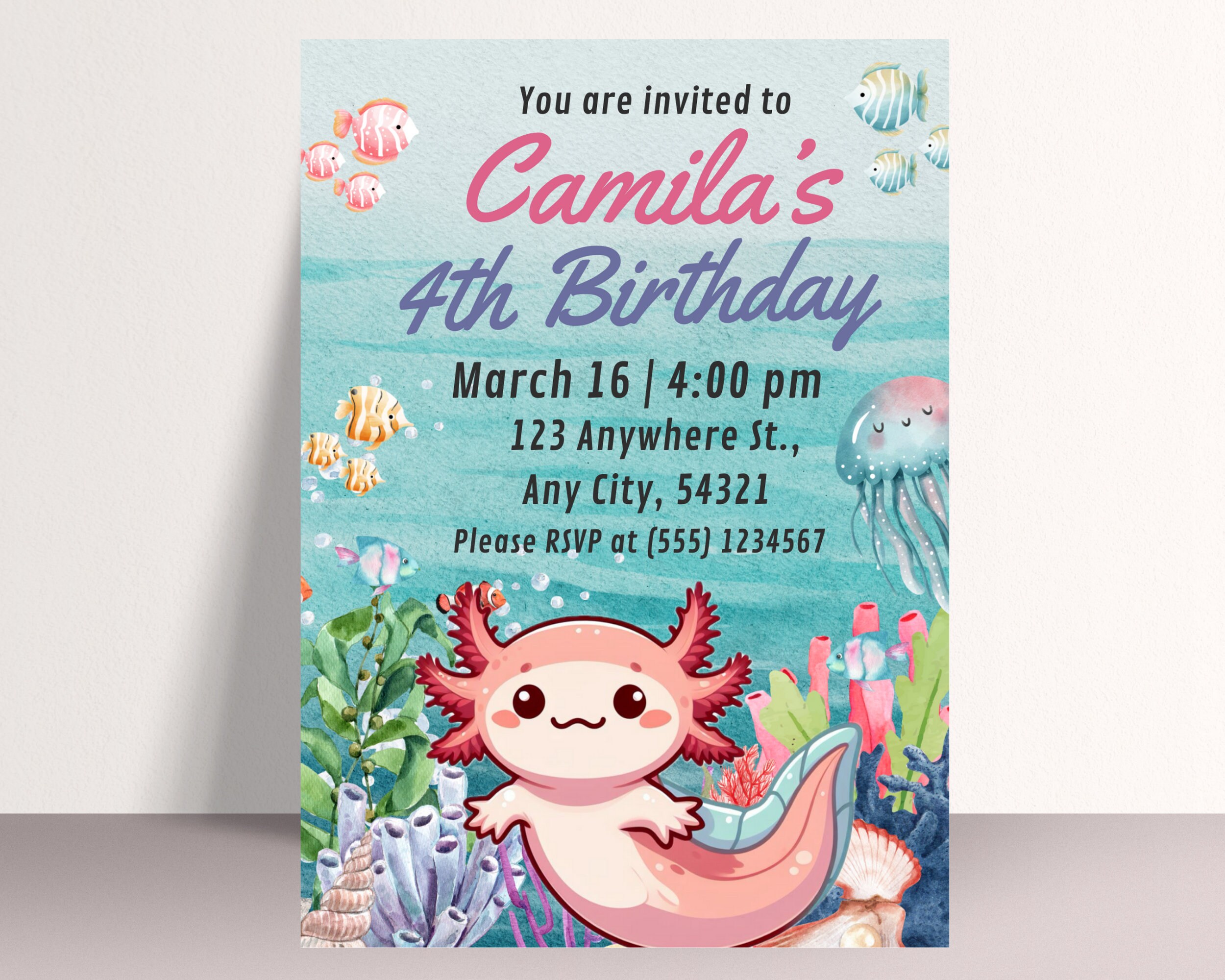 Axolotl Birthday Invitation, Editable Axolotl Birthday Invitation ...