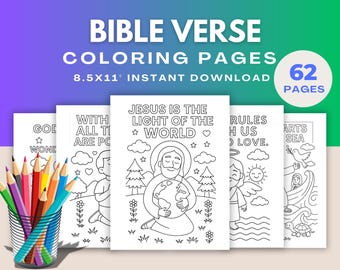 May include: A collection of Bible verse coloring pages with the text "BIBLE VERSE COLORING PAGES" and "8.5x11" INSTANT DOWNLOAD". The image includes 62 pages and a set of colored pencils in a metal cup. The coloring pages feature line drawings.