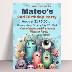 Monsters Birthday Party Invitation, Editable Little Monsters Birthday Invite, Digital Monsters Theme Invite, Printable Monsters Invitation