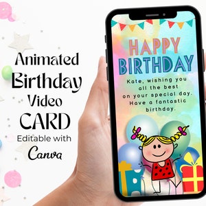 Digital Animated Happy Birthday Template - Electronic Greeting Birthday Card - Self-edit Birthday eCard - Girl Happy Birthday Video Card