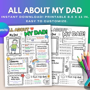Carte modifiable Tout sur mon père, cadeau pour papa ou grand-père, cadeau imprimable pour la fête des pères, questionnaire de la fête des pères, entretien avec papa