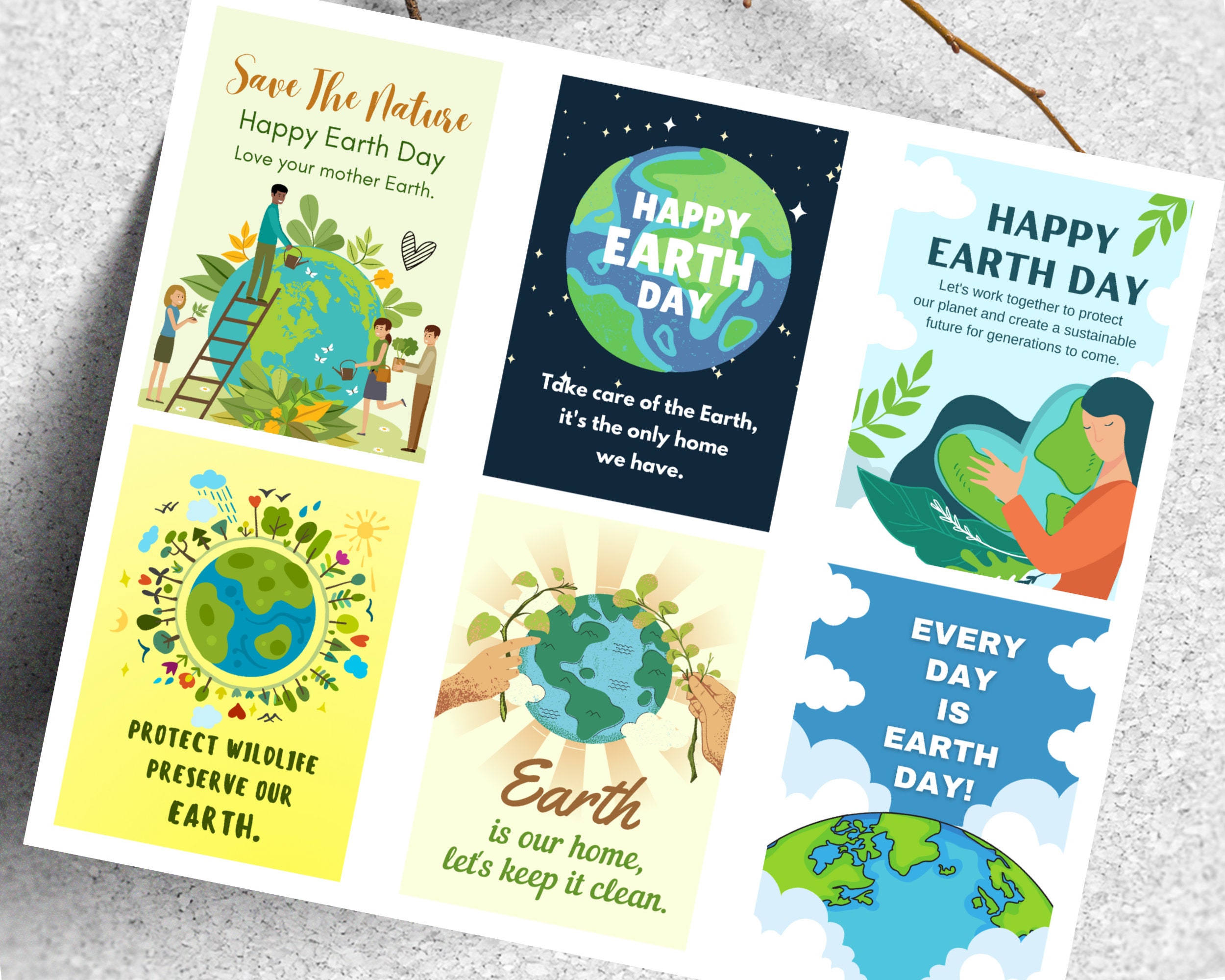 12 Happy Earth Day Printable Cards, Earth Day Cards Set, Cards for ...