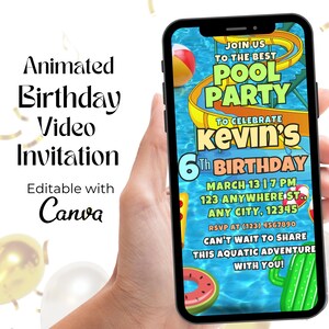May include: A blue and yellow animated birthday invitation for a pool party. The invitation features a cartoon pool with a waterslide, a beach ball, and a cactus. The text on the invitation reads "Join us to the best pool party to celebrate Kevin's 6th birthday. March 13 | 7 PM 123 Anywhere St., Any City, 12345 RSVP at (123) 4567890 Can't wait to share this aquatic adventure with you!"