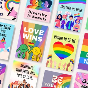 36 cartes de fierté, cartes de soutien à l'inclusivité, cartes numériques d'affirmation de soi LGBTQ+, autonomisation de la fierté arc-en-ciel, citations positives d'affirmation du genre