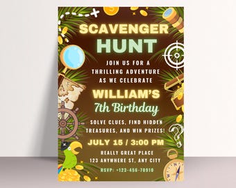 May include: A pirate-themed birthday party invitation with the text "Scavenger Hunt" in large, bold letters. The invitation includes a treasure map, compass, and parrot illustrations. The date and time are July 15 at 3:00 PM.