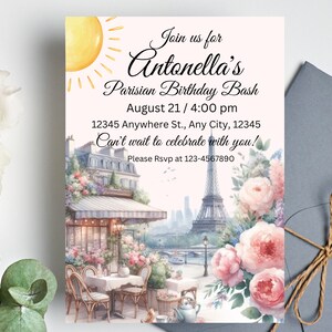 Faire-part d'anniversaire Paris, modèle d'invitation d'anniversaire français floral rose modifiable, invitation d'anniversaire tour Eiffel imprimable, carte de café parisien