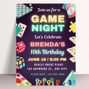 編集可能なゲームナイト誕生日パーティー招待状（デジタルダウンロード）