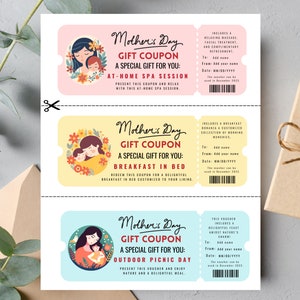 Cupón de regalo del Día de las Madres, Cupón de regalo editable del Día de las Madres Felices, Cupones imprimibles para regalo del Día de las Madres, Vale de regalo sorpresa del Día de las Madres